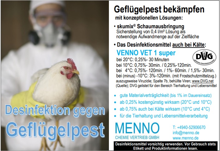 Aviäre Influenza - Vogelgrippe - H5N8 - Desinfektion mit VENNO VET 1 super